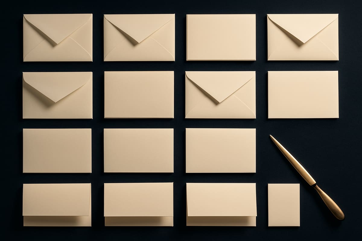 Crisp white envelopes and documents arranged precisely on navy felt