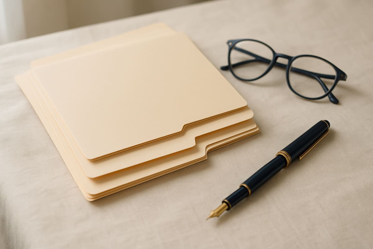 Neatly organized manila document folders with a fountain pen on ivory linen
